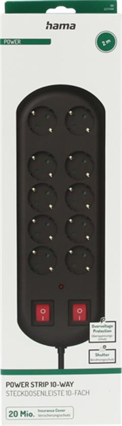 10'lu Akım Korumalı Priz, 2 switches, 2m, Siyah - 3