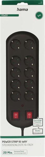 10'lu Akım Korumalı Priz, 2 switches, 2m, Siyah - 3