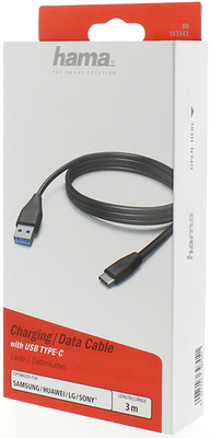 USB-C - USB-A Şarj/Data Kablosu, 3 m, Siyah